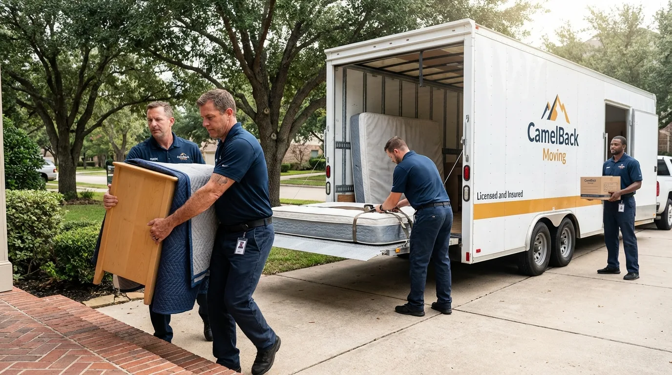 Crew loading residential truck for cross-state move from Winfield, KS