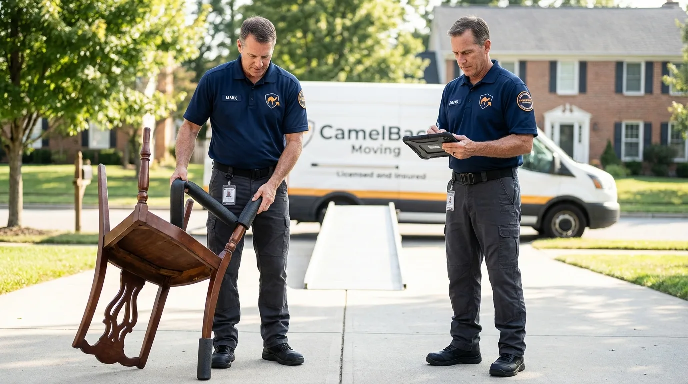 Movers inspecting furniture for damage prevention before loading in Winfield, KS