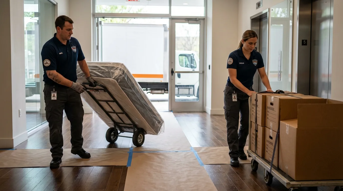Professional apartment movers loading elevator in Winfield, KS